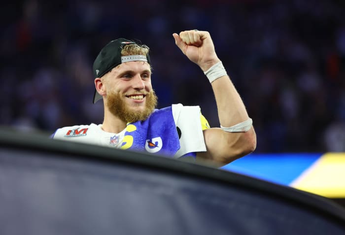 Feb 13, 2022; Inglewood, CA, USA; Los Angeles Rams wide receiver Cooper Kupp celebrates after defeating the Cincinnati Bengals in Super Bowl LVI at SoFi Stadium. Mandatory Credit: Mark J. Rebilas-USA TODAY Sports