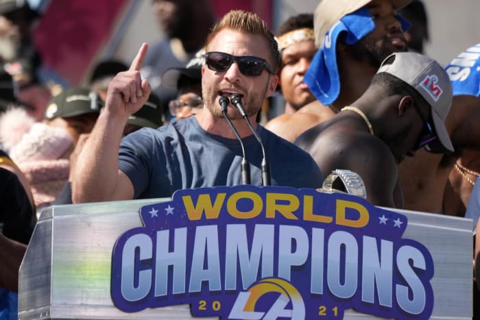 Feb 16, 2022; Los Angeles, CA, USA; Los Angeles Rams coach Sean McVay during the Super Bowl LVI championship rally at the Los Angeles Memorial Coliseum. Mandatory Credit: Kirby Lee-USA TODAY Sports