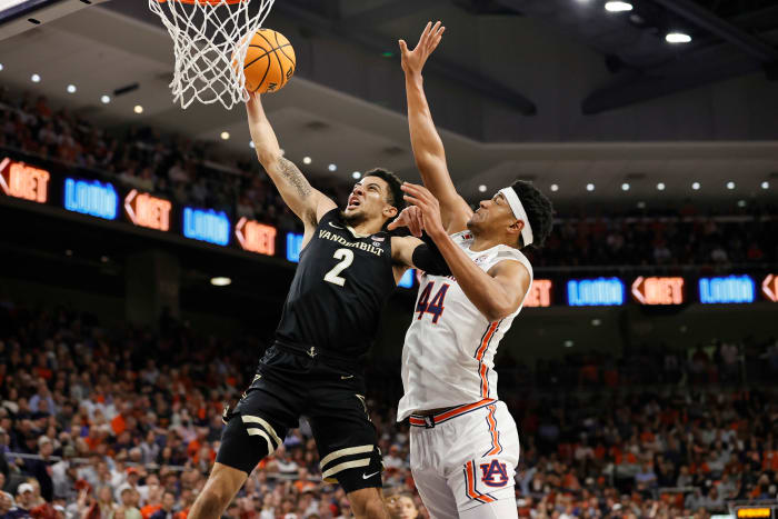 Feb 16, 2022; Auburn, Alabama, USA; Vanderbilt Commodores guard Scotty Pippen Jr. (2) takes a shot against Auburn Tigers center Dylan Cardwell (44) during the first half at Auburn Arena. Mandatory Credit: John Reed-USA TODAY Sports