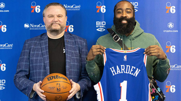 Philadelphia 76ers guard James Harden (1) and president of basketball operations Daryl Morey.