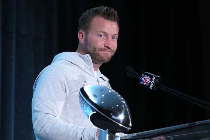 February 14, 2022;  Los Angeles, California, USA;  Los Angeles Rams coach Sean McVay speaks flanked by the Vince Lombardi trophy during the Super Bowl LVI winning coach and most valuable player press conference at the Los Angeles Convention Center.  Mandatory Credit: Kirby Lee - USA TODAY Sports