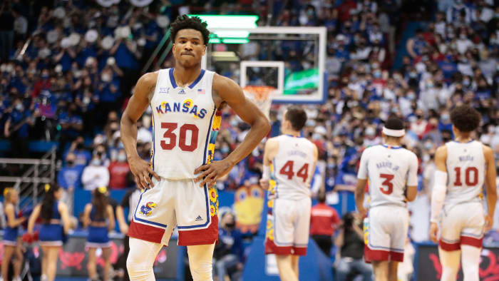 Kansas's Ochai Agbaji looks on