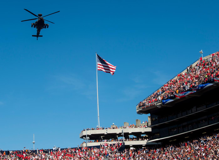 A helicopter flies over Saturday, October 9, 2021 before the game at Jordan-Hare Stadium in Auburn, Alabama.  The Georgia Bulldogs lead the Auburn Tigers 17-3 at halftime.
