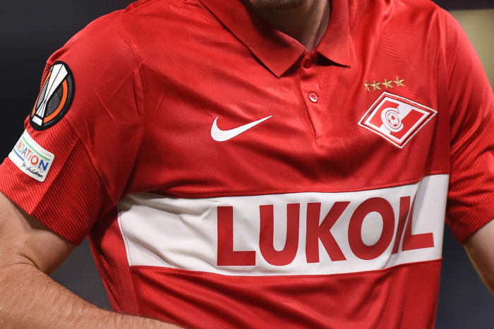 A close up view of a Spartak Moscow shirt taken during their Europa League game against Napoli in September 2021