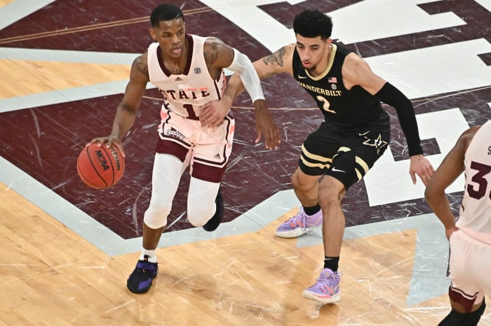 Feb 26, 2022; Starkville, Mississippi, USA; Mississippi State Bulldogs guard Iverson Molinar (1) handles the ball while defended by Vanderbilt Commodores guard Scotty Pippen Jr. (2) during the first half at Humphrey Coliseum. Mandatory Credit: Matt Bush-USA TODAY Sports