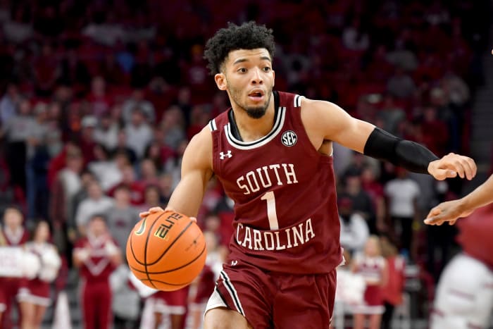 South Carolina guard Jacobi Wright (1) drives against Arkansas during the second half of an NCAA college basketball game Tuesday, Jan. 18, 2022, in Fayetteville, Ark.