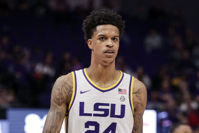 Feb 26, 2022; Baton Rouge, Louisiana, USA; LSU Tigers forward Shareef O'Neal (24) looks on during the second half against the Missouri Tigers at the Pete Maravich Assembly Center. Mandatory Credit: Stephen Lew-USA TODAY Sports