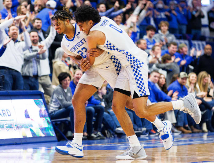 Feb 23, 2022; Lexington, Kentucky, USA; Kentucky Wildcats forward Jacob Toppin (0) hugs forward Bryce Hopkins (23) during the second half against the LSU Tigers at Rupp Arena at Central Bank Center. Mandatory Credit: Jordan Prather-USA TODAY Sports