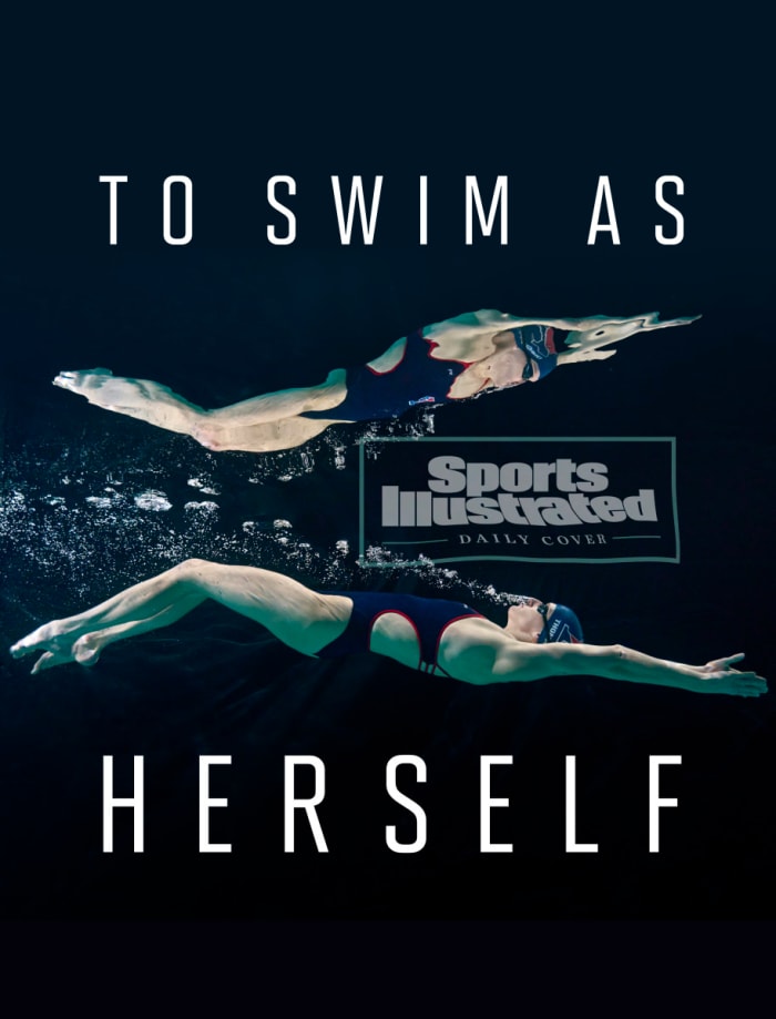 A picture of Lia Thomas swimming and her reflection with the words "To Swim As Herself"