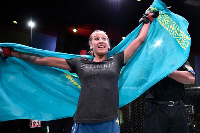 Mariya Agapova celebrates after her victory over Hannah Cifer at UFC Fight Night in 2020.