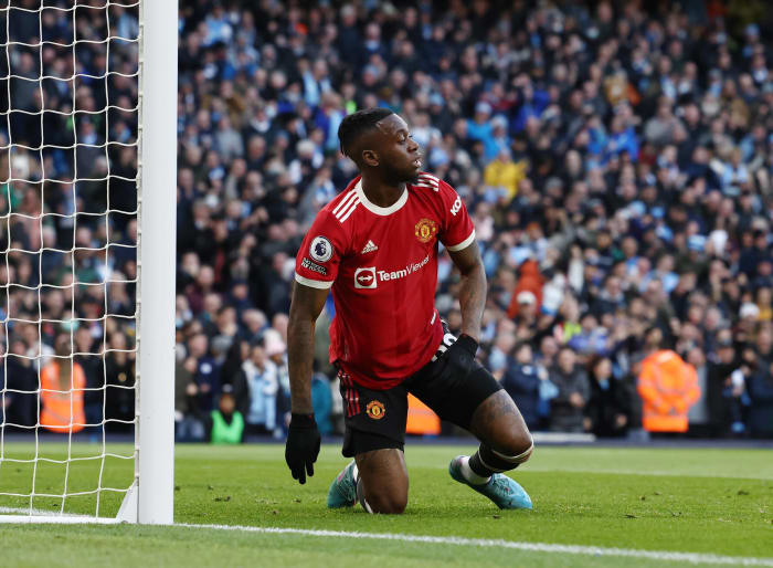 Aaron Wan-Bissaka looks on after Man United concede a goal in their 4-1 loss at Man City in March 2022