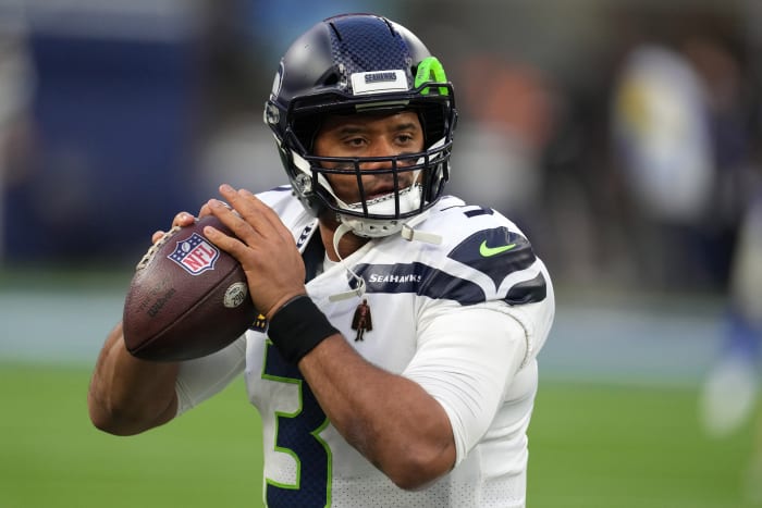 Seattle Seahawks quarterback Russell Wilson (3) throws the ball during warmups before the game against the Los Angeles Rams at SoFi Stadium.