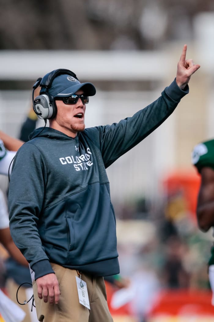 Colorado State Rams tight ends coach Joe Cox in the second quarter of the game against the Air Force Falcons at Sonny Lubick Field at Colorado State Stadium.