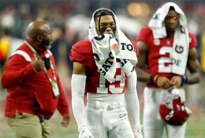 Alabama Crimson Tide defensive back Malachi Moore (13) reacts as he leaves the field Tuesday, Jan. 11, 2022, after losing the College Football Playoff National Championship to Georgia at Lucas Oil Stadium in Indianapolis.