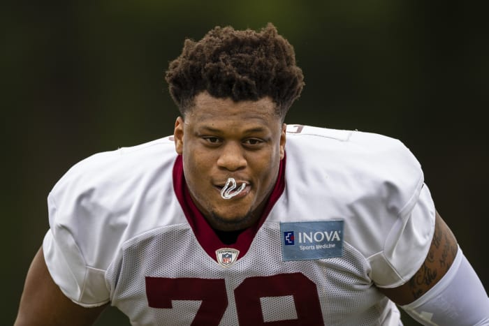 May 25, 2021;  Ashburn, Virginia, USA;  Washington Football Team offensive tackle Ereck Flowers (79) in action during an OTA at Inova Sports Performance Center.  Mandatory Credit: Scott Taetsch-USA TODAY Sports
