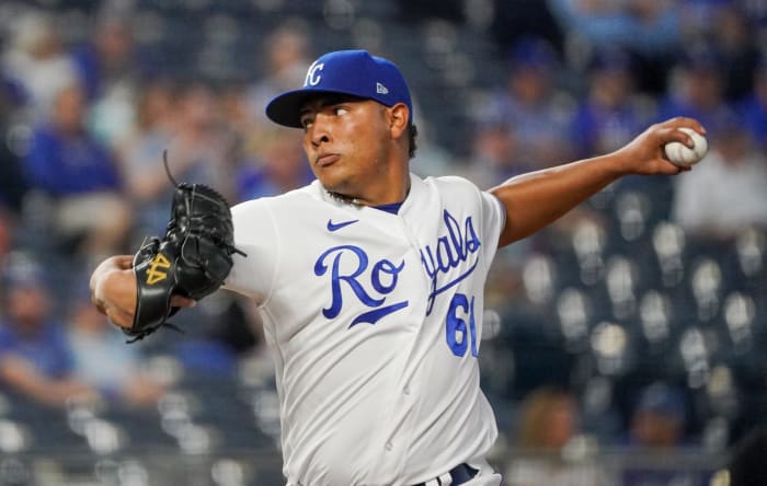 September 30, 2021;  Kansas City, Missouri, USA;  The Kansas City Royals started bowler Angel Zerpa (61), who made his major league debut, and made a grounding against the Cleveland Indians during the first half at Kauffman Stadium.  Mandatory credit: Denny Medley-USA TODAY Sports