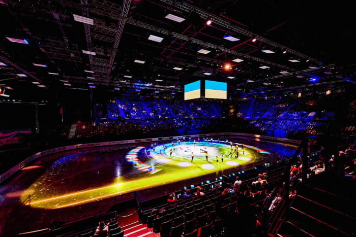 The Ukraine flag was displayed during the opening ceremony of this week’s World Figure Skating Championships in Montpellier, France.