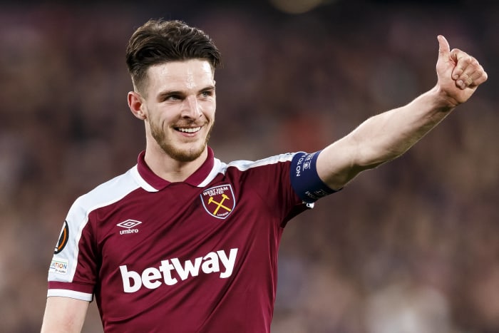 Declan Rice pictured during West Ham's win over Sevilla in the Europa League in March 2022