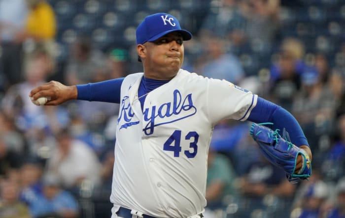 Sep 15, 2021;  Kansas City, Missouri, USA;  Kansas City Royals relief pitcher Carlos Hernandez (43) delivers against the Oakland Athletics in the first inning at Kauffman Stadium.  Mandatory Credit: Denny Medley - USA TODAY Sports
