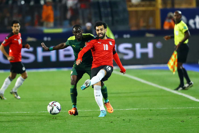 Mo Salah (no.10) pictured in action for Egypt against Senegal in March 2022