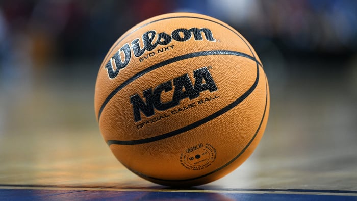 A basketball with the NCAA logo
