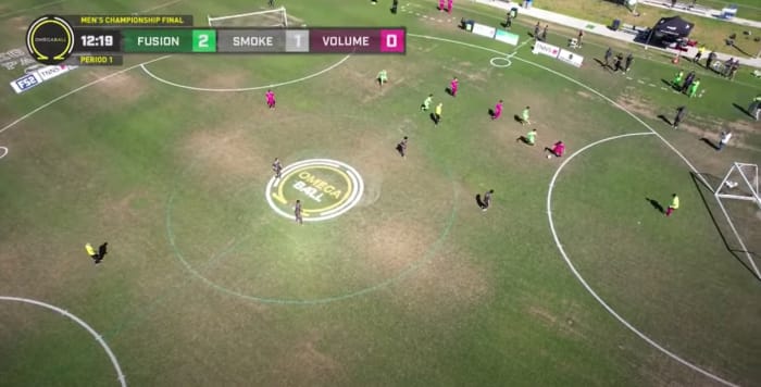 An aerial view of an OmegaBall pitch taken during the sport's first ever men's championship game in 2022
