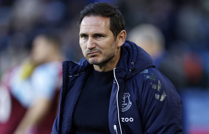 Frank Lampard looks dejected while watching Everton's 3-2 loss at Burnley in April 2022