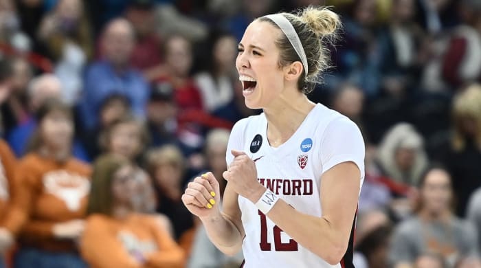 Stanford Cardinal Lexi Hull (12) celebrates after the game against the Texas Longhorns in the Spokane Regional Finals for the NCAA Women's College Basketball Tournament at Spokane Veterans Memorial Arena.