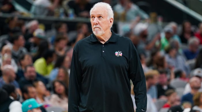 Spurs coach Gregg Popovich looks on during a game.