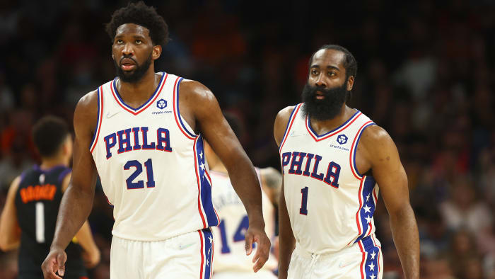 The Philadelphia 76ers have Joel Embiid at center and James Harden guarding against the Phoenix Suns.
