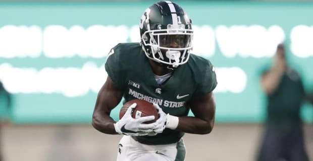 Michigan State wide receiver Jayden Reed during a college football game in the Big Ten.