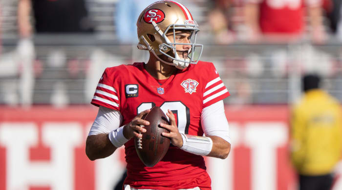 Jimmy Garoppolo drops back to pass for the 49ers