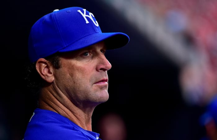 Apr. 12, 2022;  St.  Louis, Missouri, USA;  Kansas City Royals manager Mike Matheny (22) watches from the dugout before the game against St. Louis.  Louis Cardinals at Busch Stadium.  Mandatory Credit: Jeff Curry-USA TODAY Sports