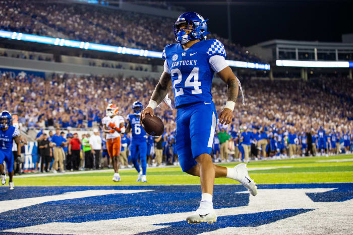 October 2, 2021;  Lexington, Kentucky, USA;  Kentucky Wildcats running back Chris Rodriguez Jr.  (24) runs into the end zone for a touchdown during the fourth quarter against the Florida Gators at Kroger Field.  Mandatory Credit: Jordan Prather-USA TODAY Sports