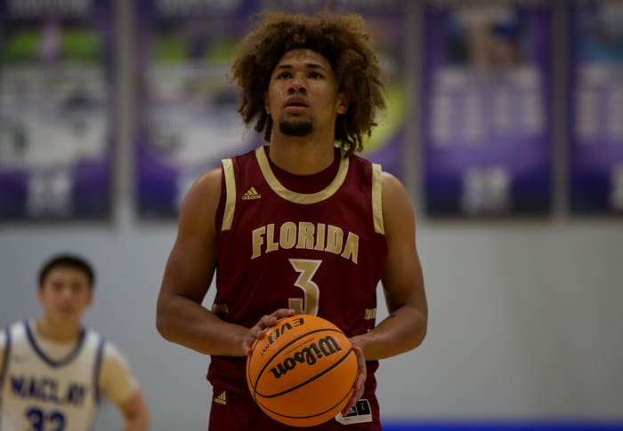 Senior guard Tre Donaldson (3) attempts a free throw in a game against Maclay on Dec. 9, 2021, at Maclay School. The Seminoles defeated the Marauders, 78-59. A03v1752