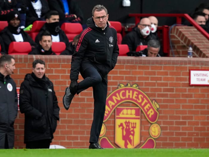 Ralf Rangnick pictured in the Old Trafford dugout during Manchester United's 1-1 draw with Southampton in February 2022