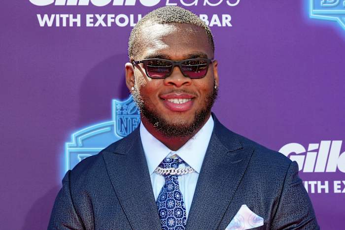Alabama offensive tackle Evan Neal on the red carpet at the Fountains of Bellagio before the first round of the 2022 NFL Draft.
