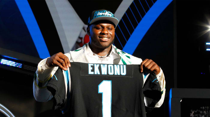 APRIL 28: Ickey Ekwonu, N.C. State is selected as the number six overall pick by the Carolina Panthers during the NFL, American Football Herren, USA Draft on April 28, 2022 in Las Vegas, Nevada.