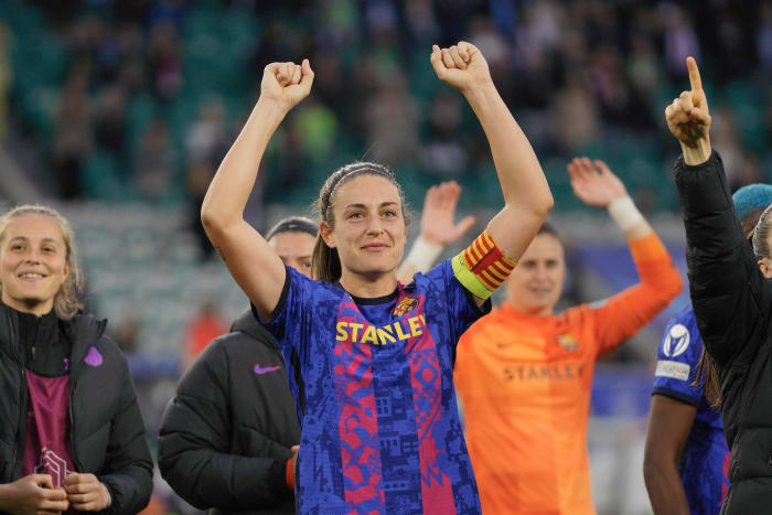 Alexia Putellas (center) pictured celebrating after Barcelona reached the final of the 2021/22 UEFA Women's Champions League