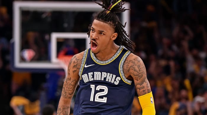 Ja Morant #12 of the Memphis Grizzlies reacts against the Golden State Warriors during Game Two of the Western Conference Semifinals of the NBA Playoffs at FedExForum on May 03, 2022 in Memphis, Tennessee.