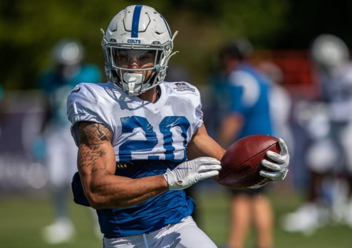 Indianapolis Colts running back Jordan Wilkins (20) pulls in a pass and walks into the end zone Friday, Aug. 13, 2021, during a joint practice with the Carolina Panthers. Indianapolis Colts Host Carolina Panthers At Grand Park In Westfield Ind.