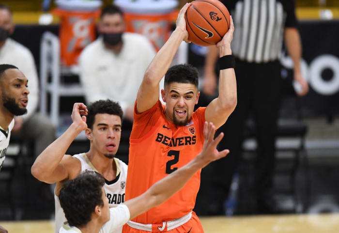 Oregon State Beavers guard Jarod Lucas (2) passes the ball against the Colorado Buffaloes at the CU Events Center.