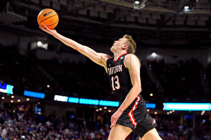 Davidson Wildcats guard Michael Jones (13) shoots the ball during the second half against the Michigan State Spartans during the first round of the 2022 NCAA Tournament at Bon Secours Wellness Arena.