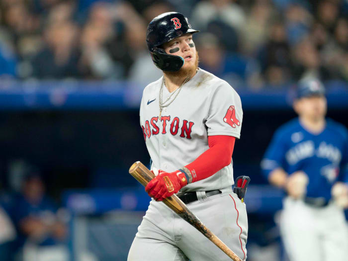 Apr 28, 2022; Toronto, Ontario, CAN; Boston Red Sox left fielder Alex Verdugo (99) walks towards the dugout after getting called during fourth inning against the Toronto Blue Jays at Rogers Centre.