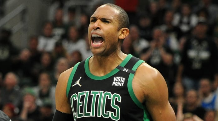 Boston Celtics center Al Horford (42) shouts out after being fouled in the second half during game four of the second round for the 2022 NBA playoffs at Fiserv Forum.