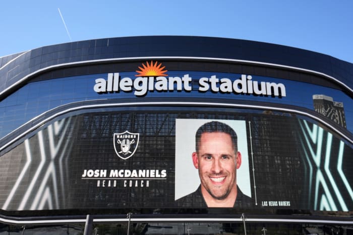 An image of newly hired Las Vegas Raiders coach Josh McDaniels at Allegiant Stadium.