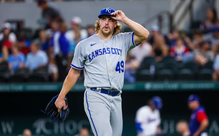 May 12, 2022;  Arlington, Texas, USA;  Kansas City Royals starting pitcher Jonathan Heasley (49) reacts after leaving the game during the fourth inning against the Texas Rangers at Globe Life Field.  Mandatory Credit: Kevin Jairaj-USA TODAY Sports