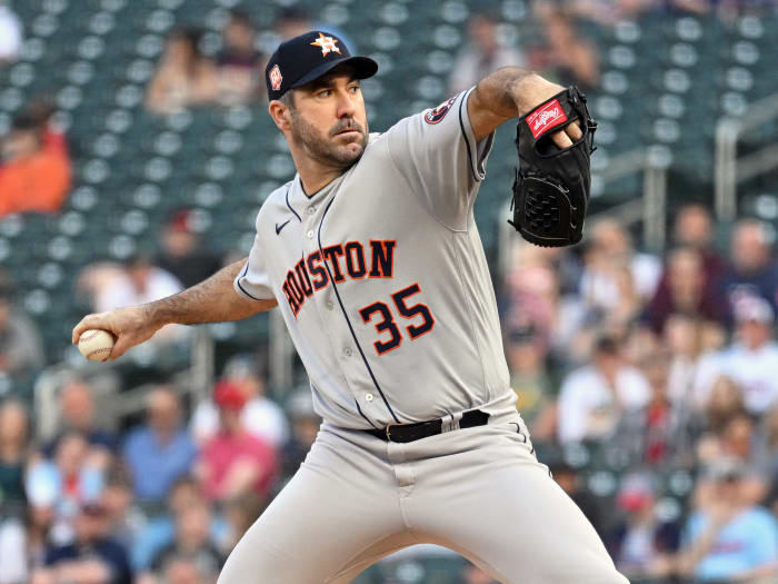 May 10, 2022; Minneapolis, Minnesota, USA;  Houston Astros starting pitcher Justin Verlander (35) delivers a pitch against the Minnesota Twins during the first inning at Target Field.