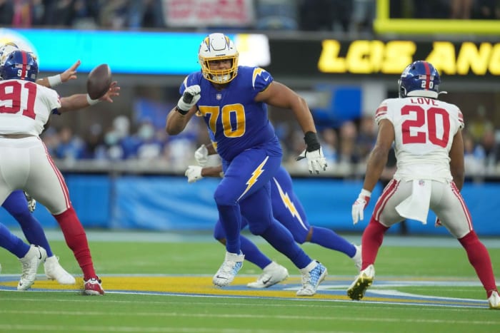 Dec 12, 2021;  Inglewood, California, USA;  Los Angeles Chargers offensive tackle Rasawn Slater (70) in the second half against the New York Giants at SoFi Stadium.  Mandatory Credit: Kirby Lee-USA TODAY Sports