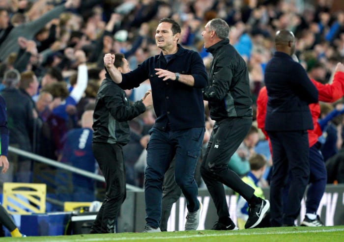 Everton manager Frank Lampard pictured celebrating during his side's 3-2 win over Crystal Palace in May 2022